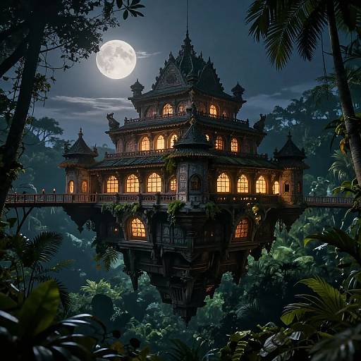 Mysterious, illuminated, multi-tiered temple with intricate architecture sits atop a lush jungle, under a full moonlit night sky. Digital fantasy artwork.