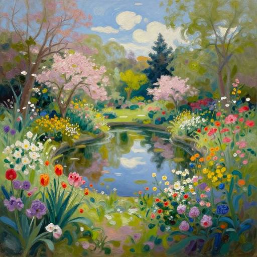 Vibrant digital painting of a lush garden with a reflective pond, colorful flowers, pink cherry blossoms, and a sunny blue sky.