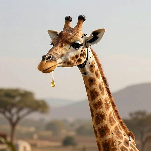 Photograph of a giraffe with brown spots, black ears, and a dangling yellow drop of saliva, set against a blurred savanna background.