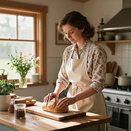 Photograph: Young woman with wavy brown hair, floral blouse, beige apron, slicing bread on wooden countertop in sunlit, cozy kitchen