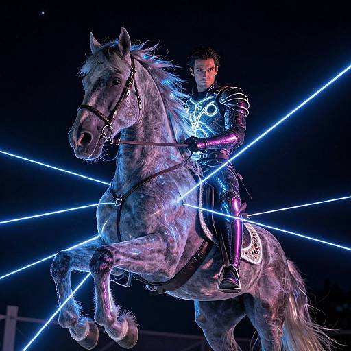 Digital artwork of a glowing, armored rider on a rearing, blue-lit horse, surrounded by vibrant blue laser beams against a dark background.