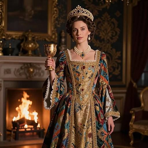Photograph of a regal woman in ornate, gold-embroidered Renaissance dress, holding a gold chalice, standing before a lit fireplace