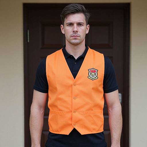Photograph of a serious, muscular white man with short brown hair, wearing an orange vest with a red and white emblem, black polo shirt, and
