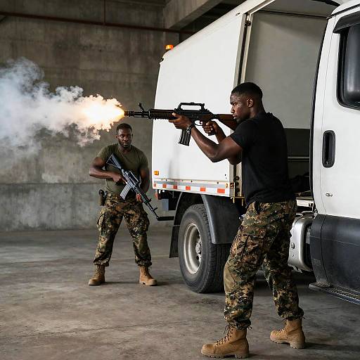 Intense Warehouse Battle Scene with Soldiers