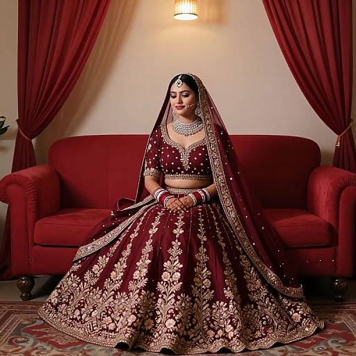 Photograph of a South Asian bride in a rich maroon lehenga with gold embroidery, sitting on a red couch, draped in a matching veil,