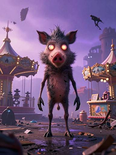 Spooky Stylized Boar in Ruined Carnival