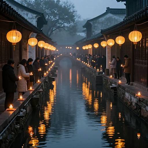 Photograph of a serene, lantern-lit, narrow canal at dusk in a traditional Chinese village, with people standing on either side, reflecting on the