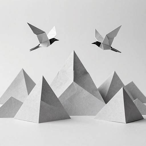 Photograph of two gray origami birds flying above a cluster of white and gray origami mountains on a white background.