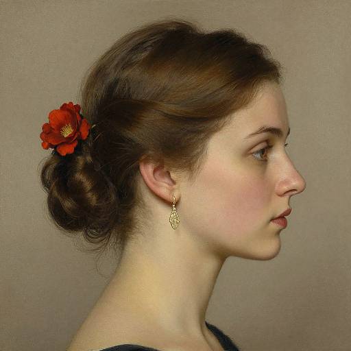 Photograph of a young Caucasian woman in profile, brown hair in an updo with a red flower, wearing gold earrings, against a beige background.