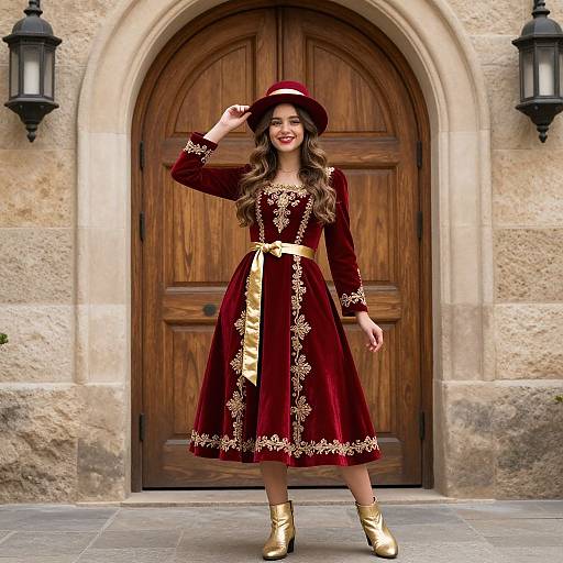 Photograph of a smiling woman in a red velvet dress with gold embroidery, gold belt, and boots, wearing a matching hat, standing in front of