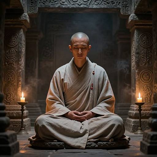 Mystical Monk Meditating in Shrine