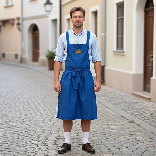 Photograph of a young man with short brown hair and beard, wearing a blue apron over a white striped shirt, white socks, and black shoes