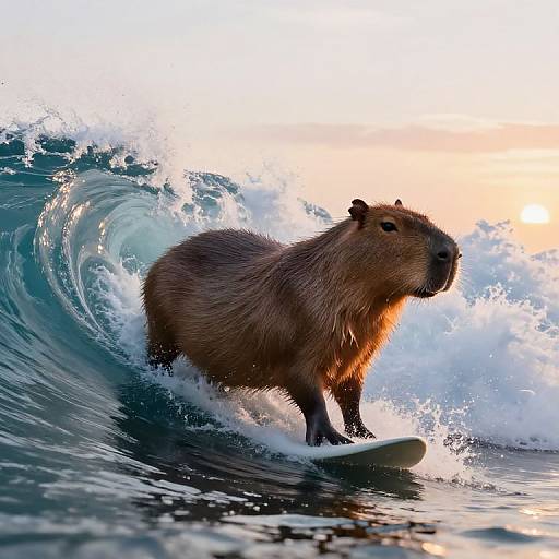Gigachad Capybara Surfing Sunrise Waves
