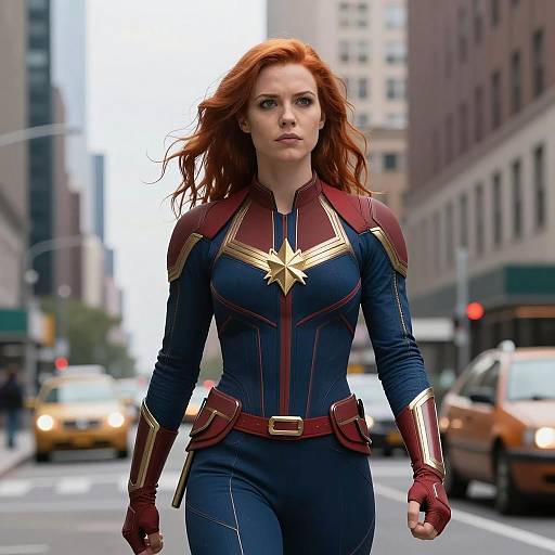 Female Superhero in Blue and Red Suit on City Street