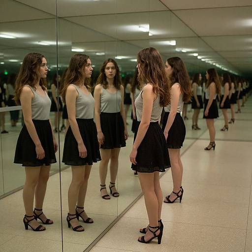 Photograph of a young woman with long brown hair, wearing a gray tank top and black skirt, standing in front of a large mirror, reflecting her