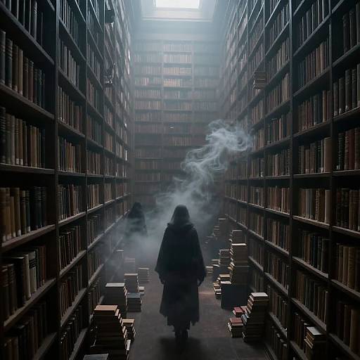 Ethereal Library with Cloaked Figures