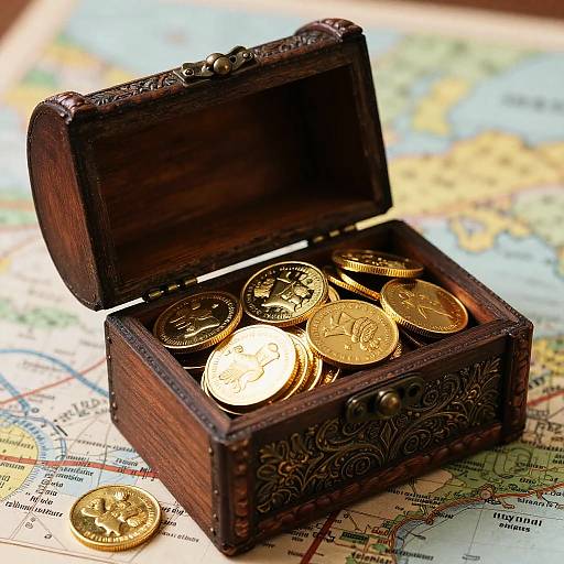 Ornate Wooden Treasure Chest with Gold Coins