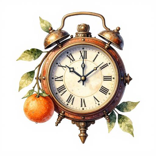 Vintage-style, brass alarm clock with Roman numerals, black hands, and orange orange with green leaves on the left. Digital illustration.