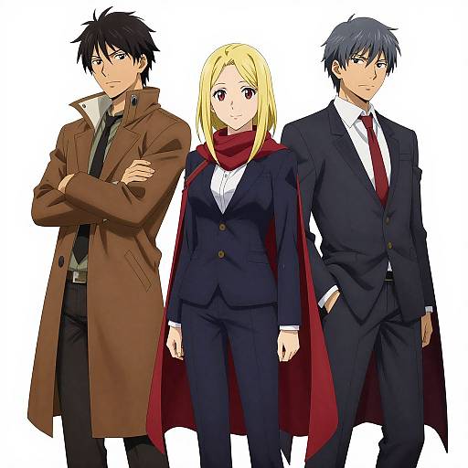 Digital anime-style drawing of three serious characters: black-haired man in brown coat, blonde woman in black suit with red scarf, and blue-haired man in