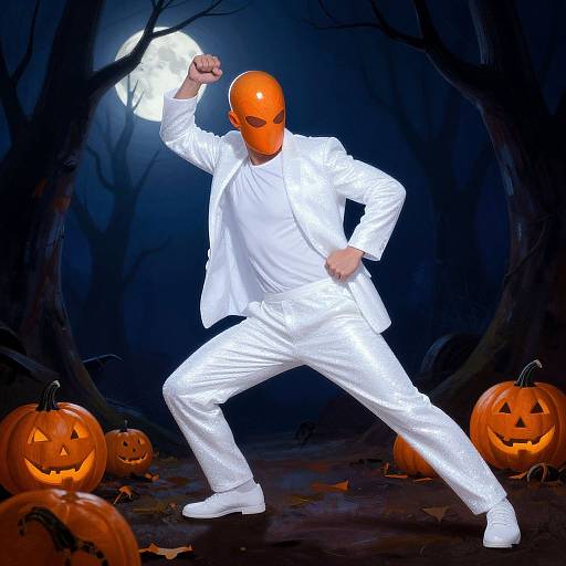 Photograph of a masked figure in white martial arts outfit, striking a dynamic pose in a dark, moonlit forest with carved pumpkins.