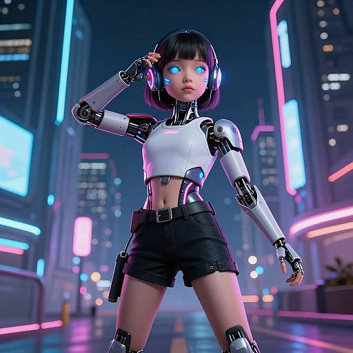 Cyberpunk CGI of a glowing-eyed, black-haired, robotic woman in white crop top and black shorts, standing in a neon-lit city street