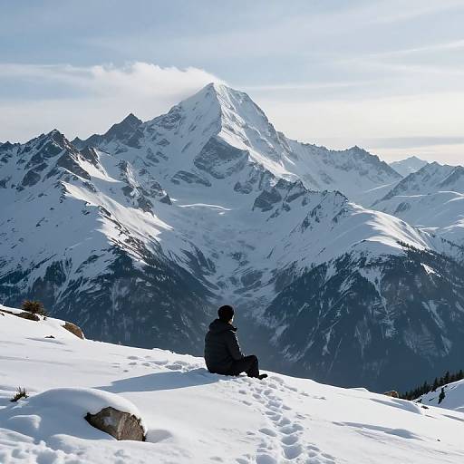 Photograph of a lone hiker in dark winter gear sitting on a snow-covered mountain peak, facing a towering, sunlit, snow-capped mountain