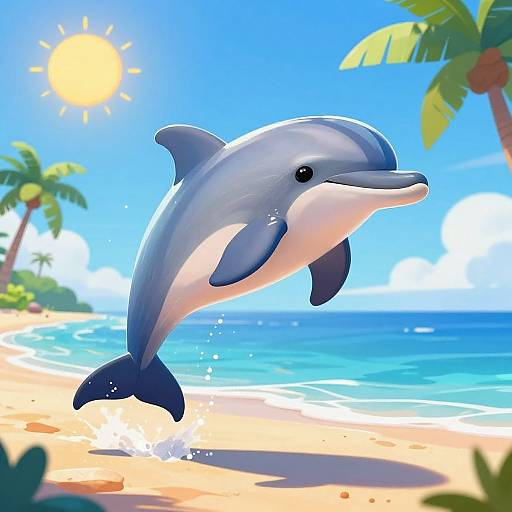 Digital illustration of a joyful dolphin leaping out of the clear blue ocean on a sunny tropical beach with palm trees. Bright sun overhead, white sandy shore