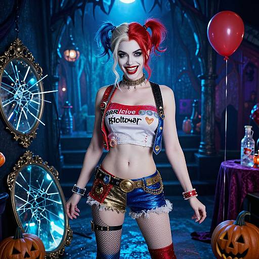 CGI image of Harley Quinn in a Halloween-themed setting, wearing a 