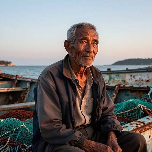 Photograph of an elderly, weathered fisherman with gray hair and beard, wearing a dark shirt, sitting on a boat at sunset, with fishing