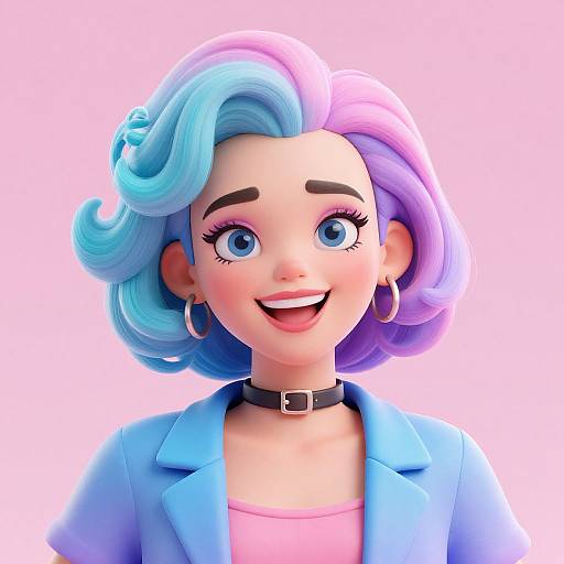 CGI portrait of a smiling girl with blue and purple curly hair, blue eyes, wearing a blue jacket, black choker, and hoop earrings,