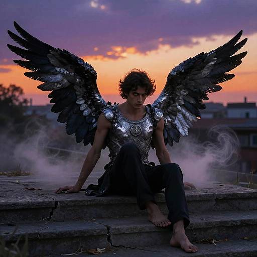 Photograph of a young man with black feathered wings, silver armored shirt, and black pants, sitting on stone steps at sunset, barefoot,