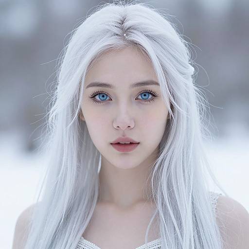 Photograph of a fair-skinned, blue-eyed woman with long, white, silver-tinted hair, wearing a white top, looking directly at