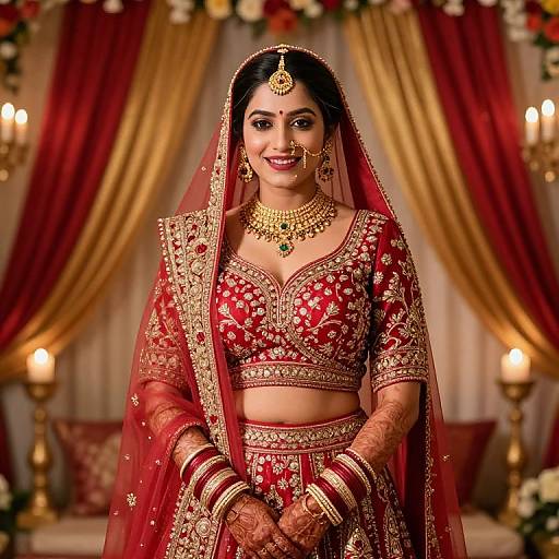 Photograph of a smiling Indian bride in a red and gold traditional lehenga, adorned with intricate embroidery, wearing a matching veil and jewelry, standing before