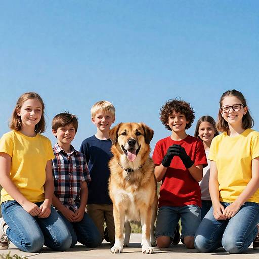 Group of Children Kneeling with Large Dog Outdoors