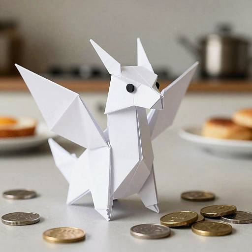 White Origami Dragon with Coins on Kitchen Table