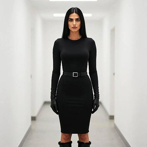 Photograph of a woman with long black hair, wearing a black long-sleeve dress, black gloves, belt, and boots, standing in a