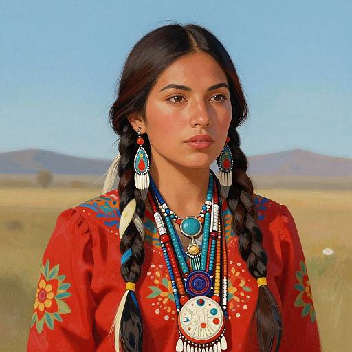 Photograph-style digital artwork of a Native American woman with long braided hair, wearing a red floral dress, elaborate turquoise jewelry, and standing against a