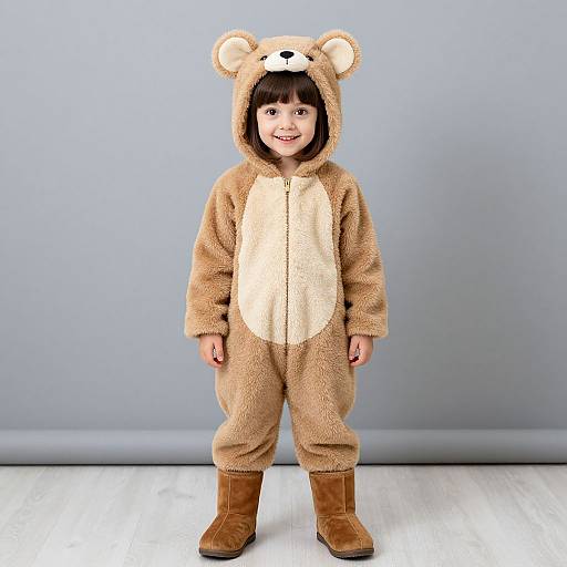 Photograph of a smiling young child in a tan bear-themed fleece onesie with bear ears, white face patch, and brown boots, standing against a