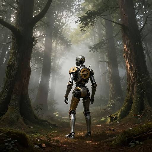 Digital art of a humanoid robot with metallic armor, standing in a misty, sunlit forest, facing away, surrounded by towering trees.