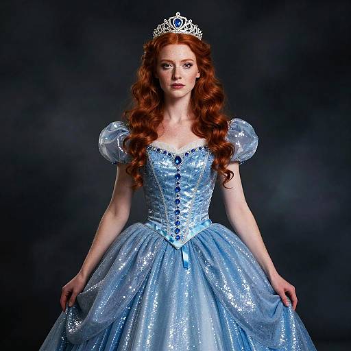 Photograph of a fair-skinned redheaded woman with long curly hair, wearing a sparkling blue ball gown and silver tiara, standing against a dark