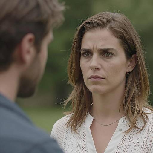 Serious Woman Looking at Man Outdoors