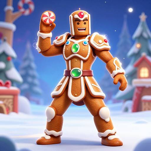 CGI image of a muscular gingerbread man warrior in festive armor, holding a candy cane, set in a snowy, Christmas-themed village.
