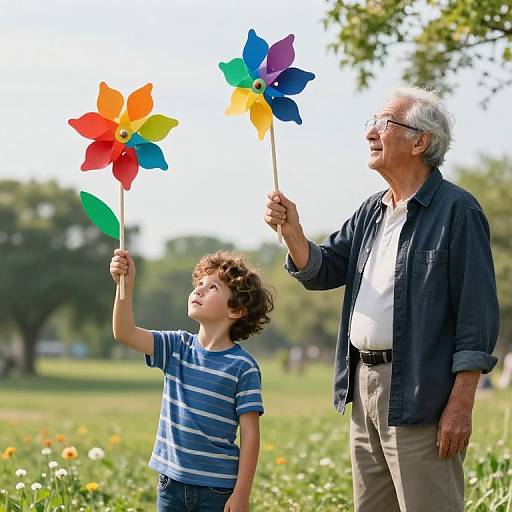 Photograph of an elderly man with gray hair and glasses, and a young boy with curly brown hair, flying colorful windmills in a sunny park
