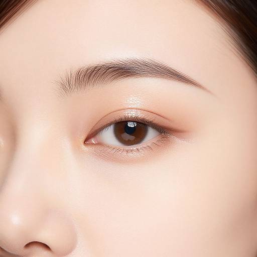 Close-up photograph of an Asian woman's right eye, showcasing smooth fair skin, brown iris, subtle eyeliner, and well-groomed dark eyebrows