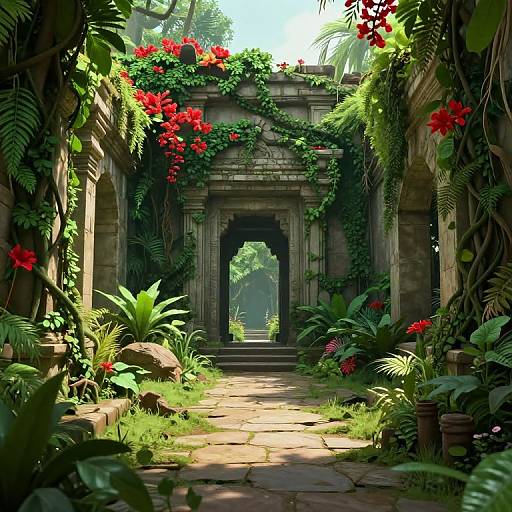 Photograph-like CGI of an ancient, overgrown stone archway with vibrant red flowers, lush greenery, and sunlight filtering through.