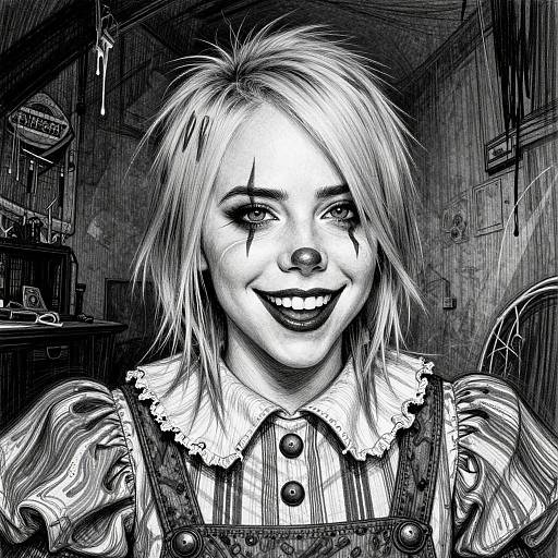 Black-and-white digital drawing of a smiling, creepy clown girl with messy blonde hair, dark makeup, striped shirt, and puffed sleeves in a dim