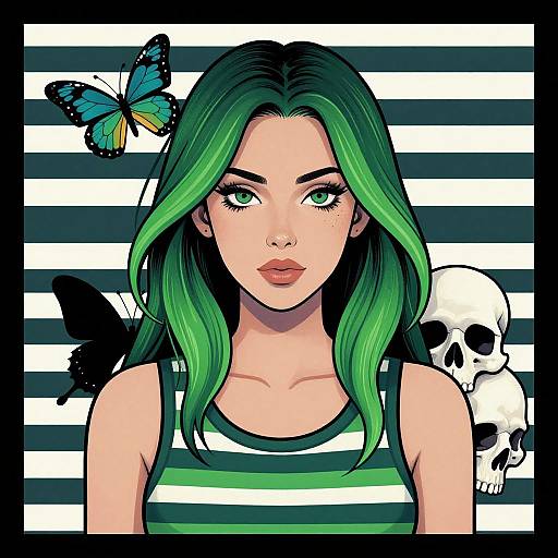 Digital comic-style portrait of green-haired woman with green eyes, striped tank top, butterfly on head, black and white striped background, skull behind.