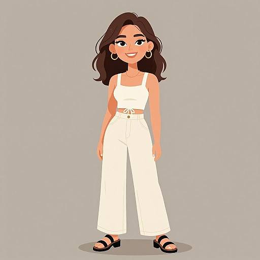 Digital illustration of a smiling woman with medium-length brown hair, wearing a white crop top, high-waisted white pants, and black sandals. She