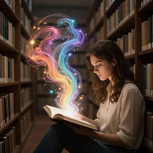 Photograph of a young woman in a library, reading an open book with vibrant, magical, multicolored swirls and stars rising from it.