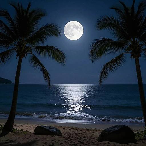 Photograph of a moonlit beach with two silhouetted palm trees framing a full moon, shining brightly over a calm ocean, reflecting off the